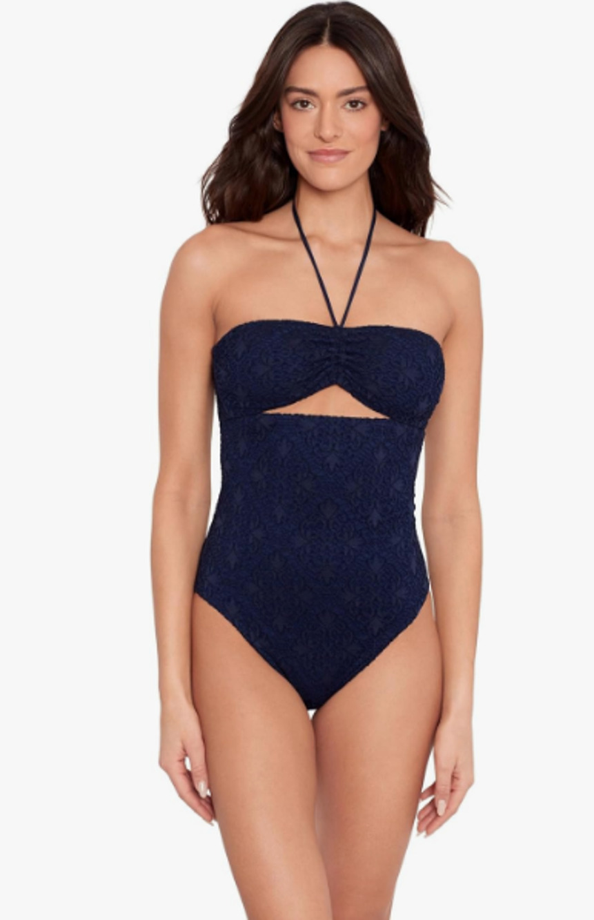 LAUREN RALPH LAUREN One Piece Swimsuit Size 10 Navy Blue Crochet Bandeau NWT